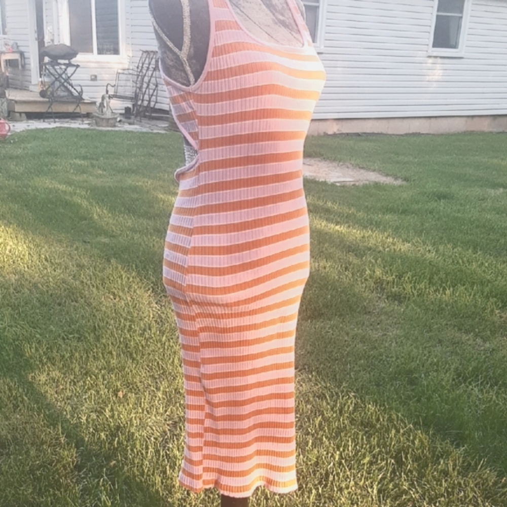 Zara💗Pink🧡OrangeBODYCON Striped COTTON Midi Dress Size M - Picture 3 of 7